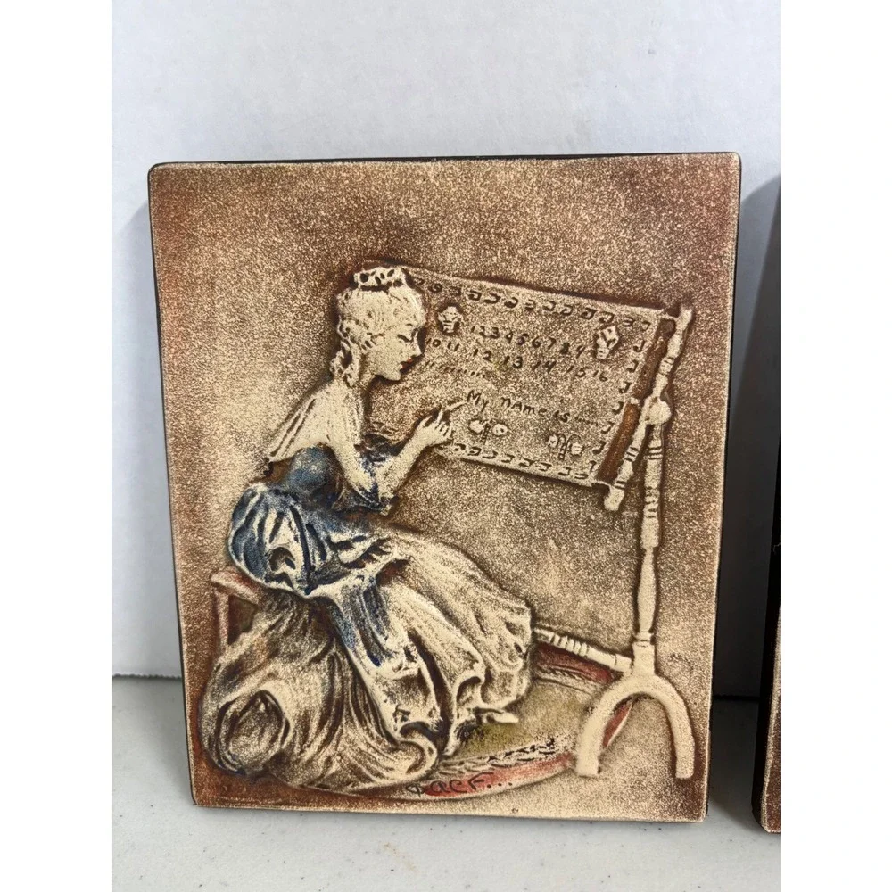 Alice Cranston Fenner Vintage 3D Relief Wall Plaques Set Colonial Women‎ 2pc